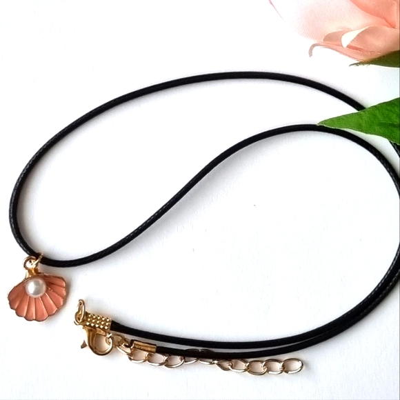 Necklace | Pink Scallop & Faux Pearl Pendant | Black Cord | Gold Toned Findings - Picture 4 of 8